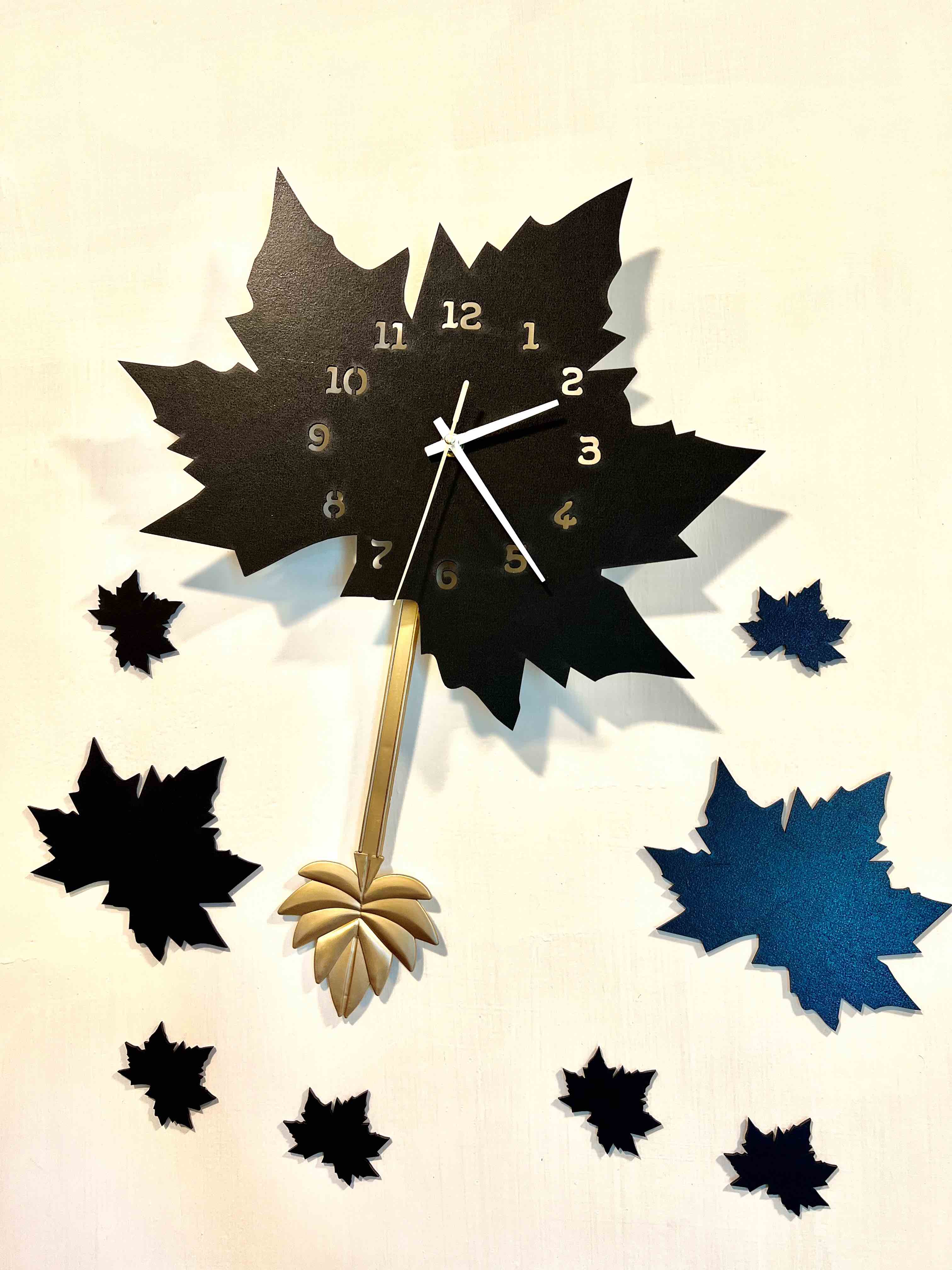 Black Maple Leaf Wall Clock with Pendulum