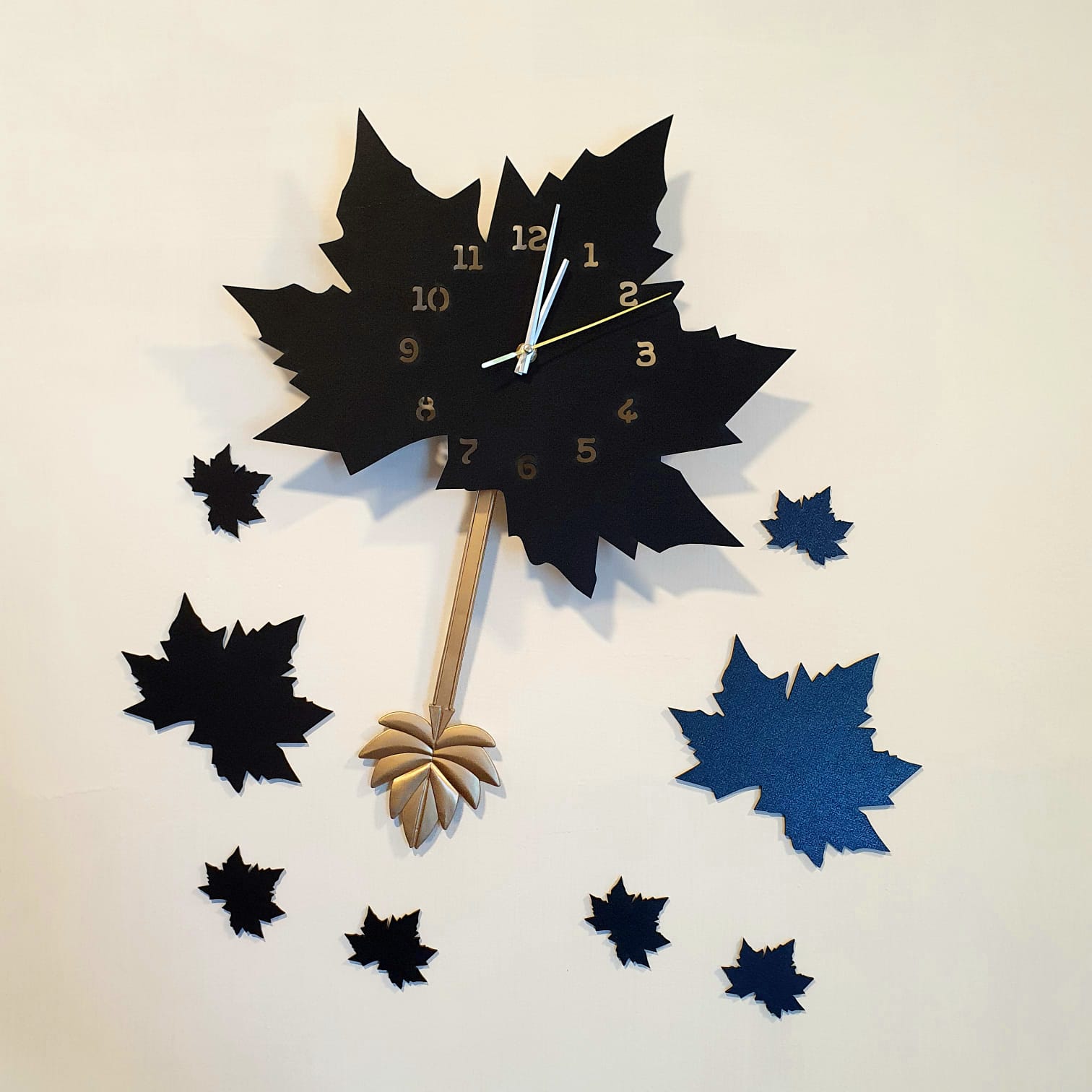 Black Maple Leaf Wall Clock with Pendulum